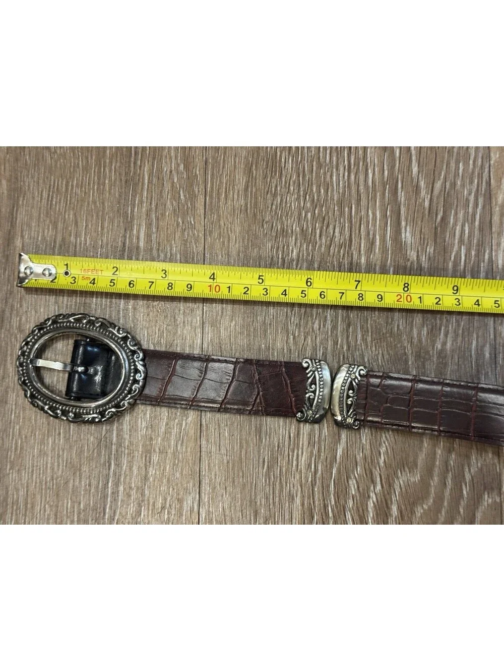 Vintage Brown Croc Embossed Leather Look Belt Silver Engraved Oval Buckle Women’